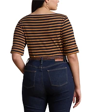 Lauren Ralph Lauren Plus Size Stretch Cotton Striped Boat Neck Elbow Sleeve Tee