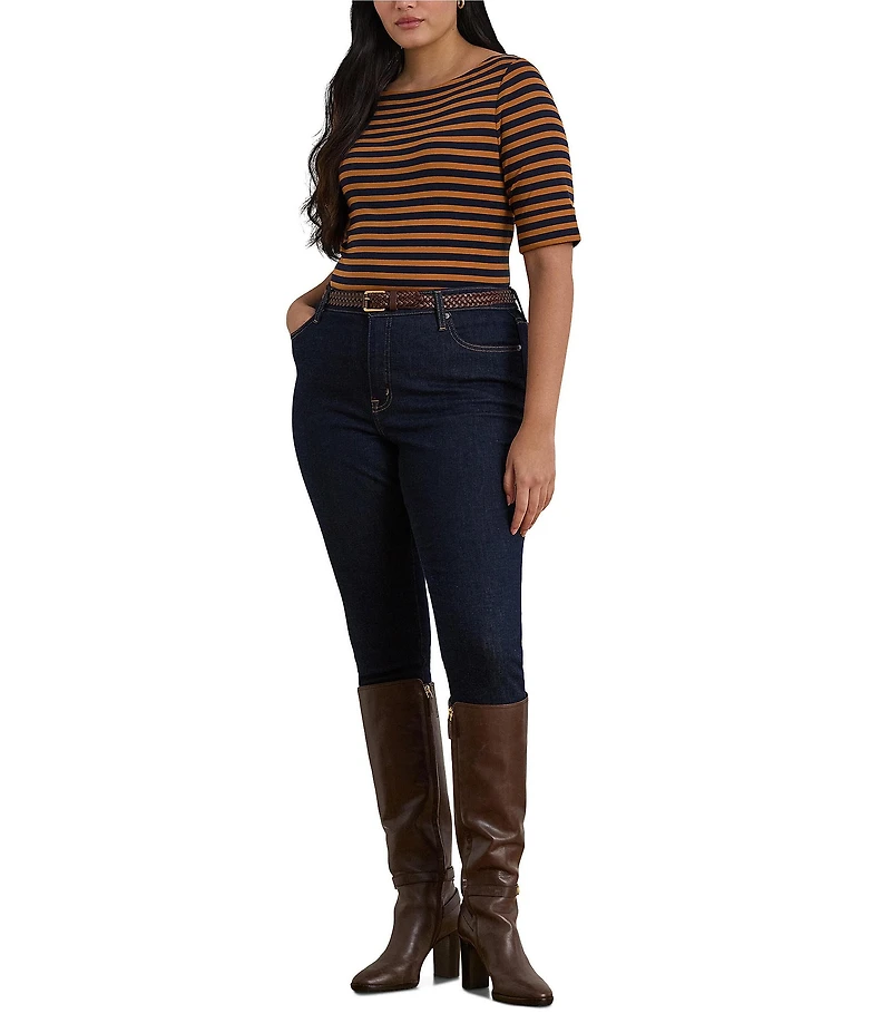 Lauren Ralph Lauren Plus Size Stretch Cotton Striped Boat Neck Elbow Sleeve Tee
