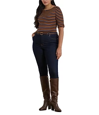 Lauren Ralph Lauren Plus Size Stretch Cotton Striped Boat Neck Elbow Sleeve Tee