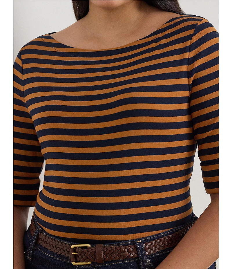Lauren Ralph Lauren Plus Size Stretch Cotton Striped Boat Neck Elbow Sleeve Tee