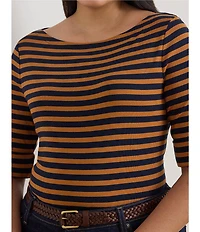 Lauren Ralph Lauren Plus Size Stretch Cotton Striped Boat Neck Elbow Sleeve Tee
