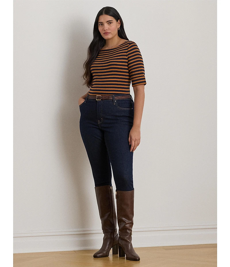 Lauren Ralph Lauren Plus Size Stretch Cotton Striped Boat Neck Elbow Sleeve Tee