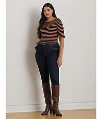 Lauren Ralph Lauren Plus Size Stretch Cotton Striped Boat Neck Elbow Sleeve Tee