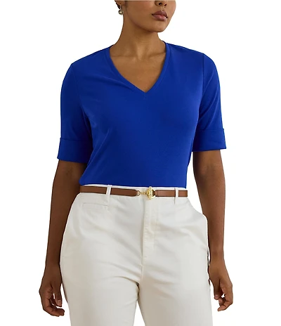 Lauren Ralph Lauren Plus Size Stretch Cotton V-Neck Elbow Sleeve Tee