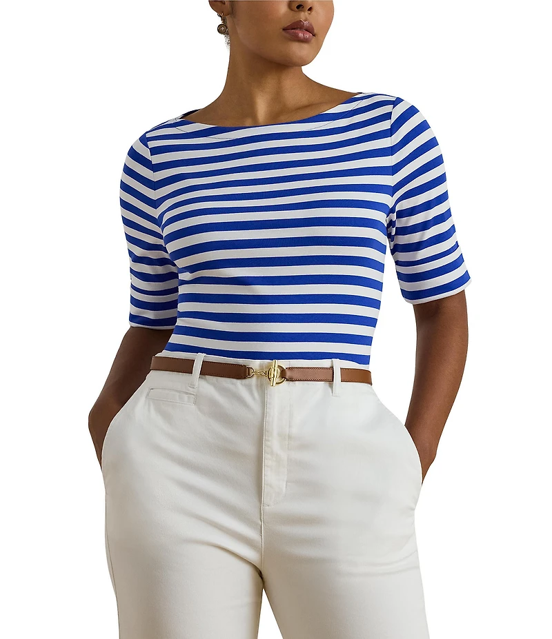 Lauren Ralph Lauren Plus Size Stretch Cotton Yarn-Dyed Stripe Boat Neck Elbow Sleeve Tee