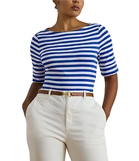 Lauren Ralph Lauren Plus Size Stretch Cotton Yarn-Dyed Stripe Boat Neck Elbow Sleeve Tee
