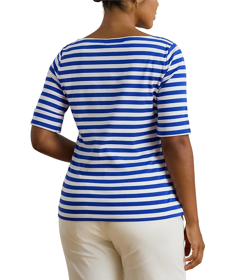 Lauren Ralph Lauren Plus Size Stretch Cotton Yarn-Dyed Stripe Boat Neck Elbow Sleeve Tee
