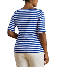 Lauren Ralph Lauren Plus Size Stretch Cotton Yarn-Dyed Stripe Boat Neck Elbow Sleeve Tee