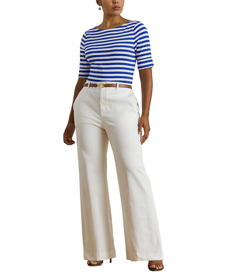 Lauren Ralph Lauren Plus Size Stretch Cotton Yarn-Dyed Stripe Boat Neck Elbow Sleeve Tee