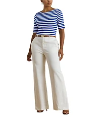 Lauren Ralph Lauren Plus Size Stretch Cotton Yarn-Dyed Stripe Boat Neck Elbow Sleeve Tee