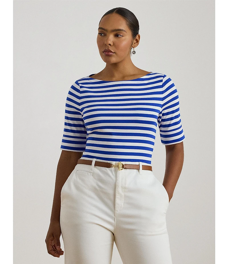 Lauren Ralph Lauren Plus Size Stretch Cotton Yarn-Dyed Stripe Boat Neck Elbow Sleeve Tee