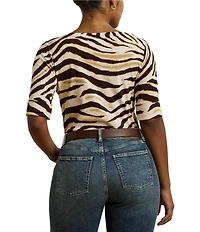 Lauren Ralph Lauren Plus Size Stretch Cotton Zebra Boat Neck Elbow Sleeve Tee