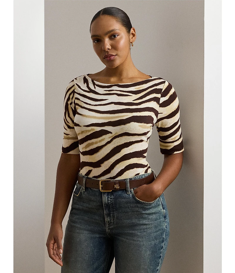 Lauren Ralph Lauren Plus Size Stretch Cotton Zebra Boat Neck Elbow Sleeve Tee