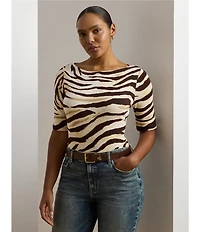 Lauren Ralph Lauren Plus Size Stretch Cotton Zebra Boat Neck Elbow Sleeve Tee