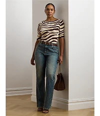 Lauren Ralph Lauren Plus Size Stretch Cotton Zebra Boat Neck Elbow Sleeve Tee