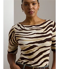 Lauren Ralph Lauren Plus Size Stretch Cotton Zebra Boat Neck Elbow Sleeve Tee