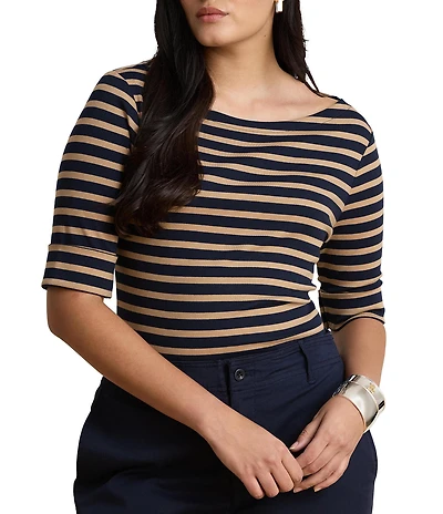 Lauren Ralph Lauren Plus Size Stretch Knit Stripe Boat Neck 3/4 Sleeve Top