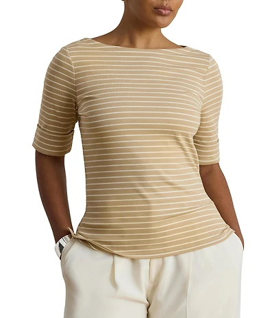 Lauren Ralph Lauren Plus Size Stretch Ribbed Knit Boat Neck Elbow Sleeve Top