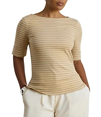 Lauren Ralph Lauren Plus Size Stretch Ribbed Knit Boat Neck Elbow Sleeve Top