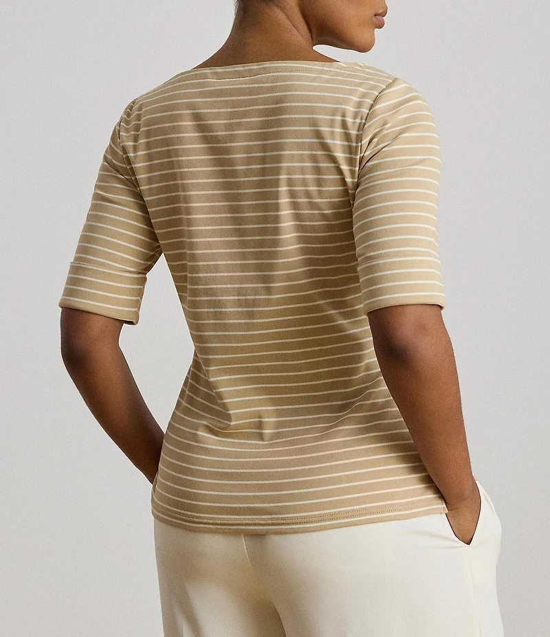 Lauren Ralph Lauren Plus Size Stretch Ribbed Knit Boat Neck Elbow Sleeve Top