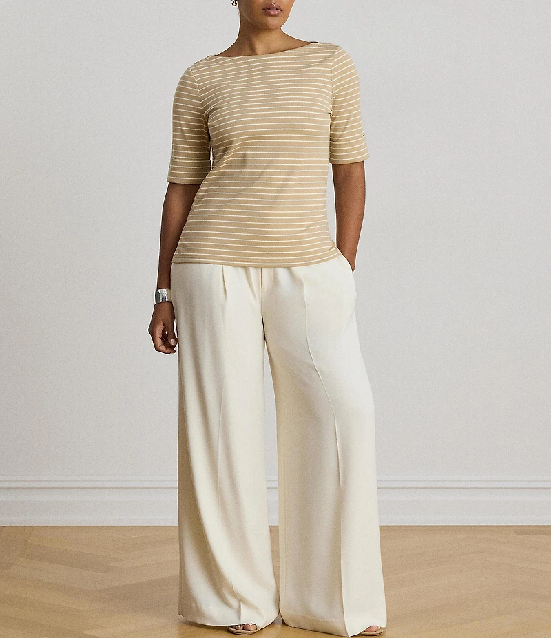 Lauren Ralph Lauren Plus Size Stretch Ribbed Knit Boat Neck Elbow Sleeve Top
