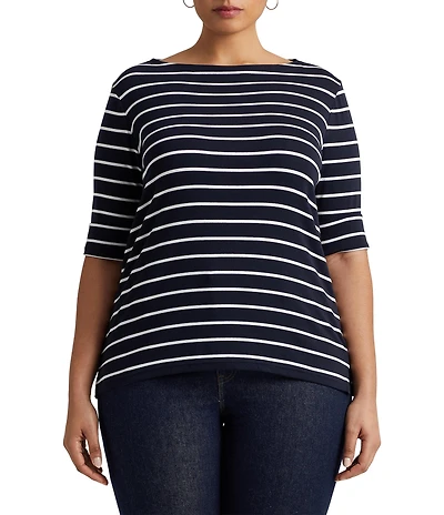 Lauren Ralph Lauren Plus Size Stripe Boat Neck Short Sleeve T-Shirt