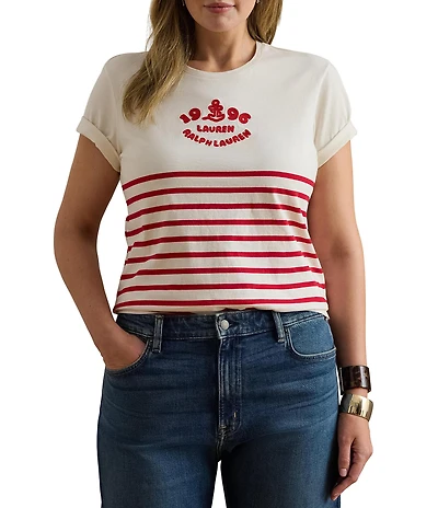 Lauren Ralph Lauren Plus Size Stripe Embroidered Logo Jersey Tee