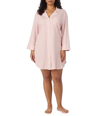 Lauren Ralph Lauren Plus Size Stripe Long Sleeve Notch Collar Knit Sleepshirt