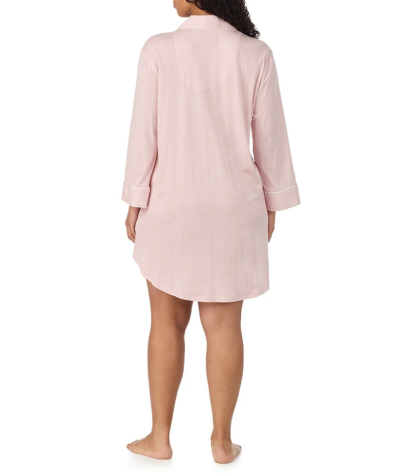 Lauren Ralph Lauren Plus Size Stripe Long Sleeve Notch Collar Knit Sleepshirt