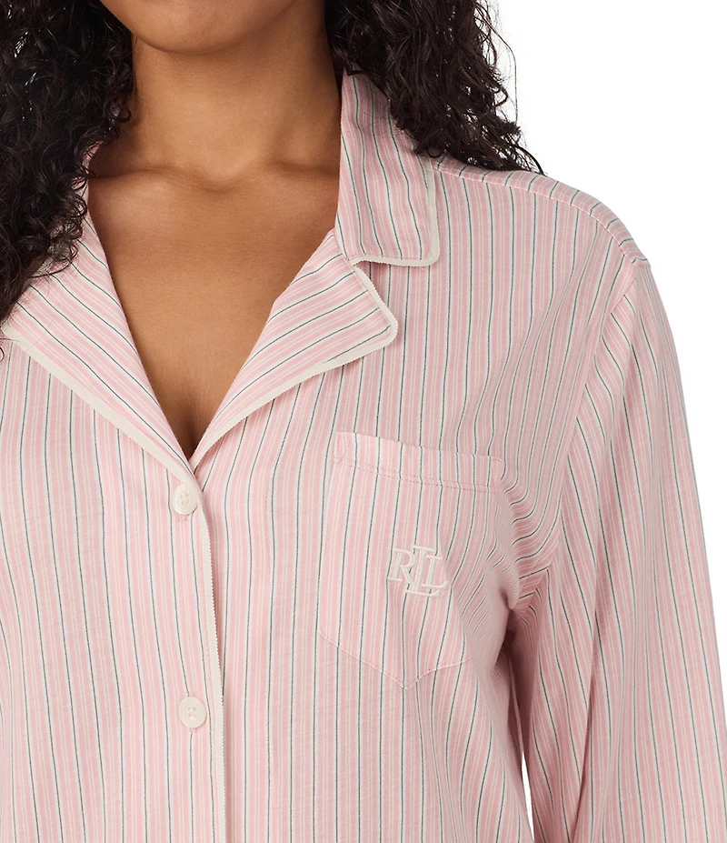 Lauren Ralph Lauren Plus Size Stripe Long Sleeve Notch Collar Knit Sleepshirt