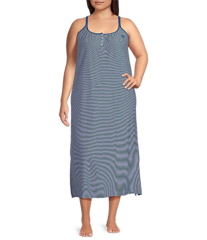 Lauren Ralph Lauren Plus Size Stripe Print Double Strap Scoop Neck Knit Side Slit Ballet Nightgown