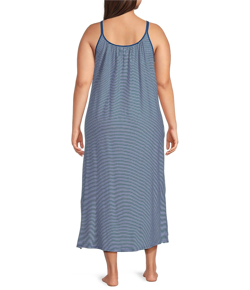 Lauren Ralph Lauren Plus Size Stripe Print Double Strap Scoop Neck Knit Side Slit Ballet Nightgown