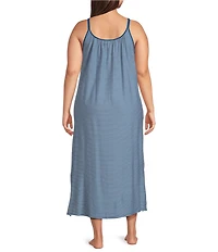 Lauren Ralph Lauren Plus Size Stripe Print Double Strap Scoop Neck Knit Side Slit Ballet Nightgown