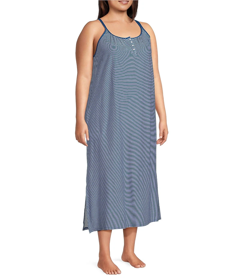 Lauren Ralph Lauren Plus Size Stripe Print Double Strap Scoop Neck Knit Side Slit Ballet Nightgown