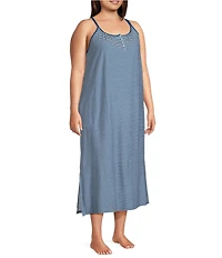 Lauren Ralph Lauren Plus Size Stripe Print Double Strap Scoop Neck Knit Side Slit Ballet Nightgown