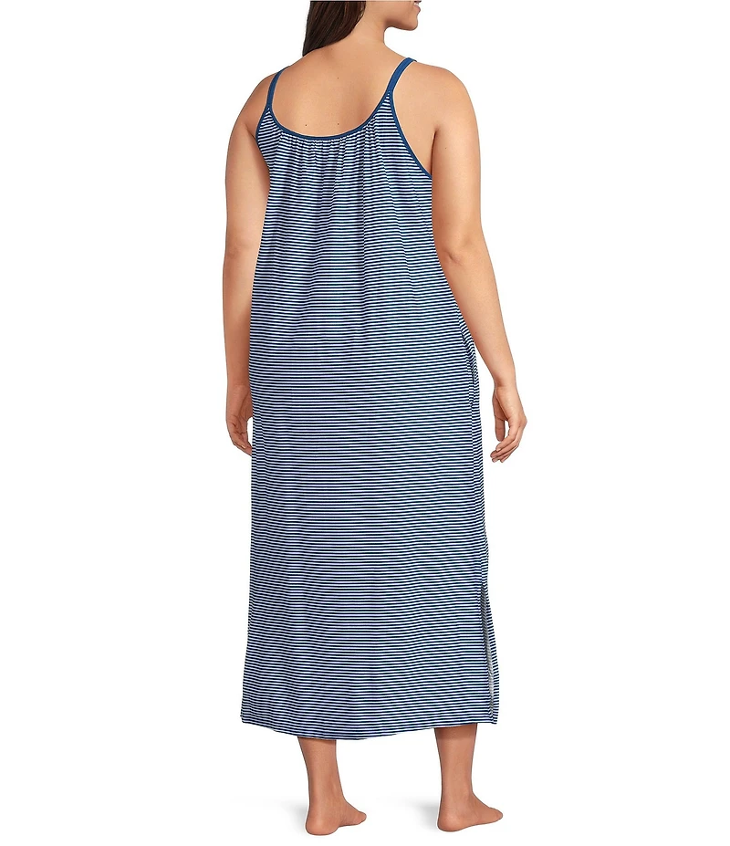 Lauren Ralph Lauren Plus Size Stripe Print Double Strap Scoop Neck Knit Side Slit Ballet Nightgown