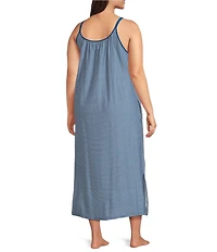 Lauren Ralph Lauren Plus Size Stripe Print Double Strap Scoop Neck Knit Side Slit Ballet Nightgown