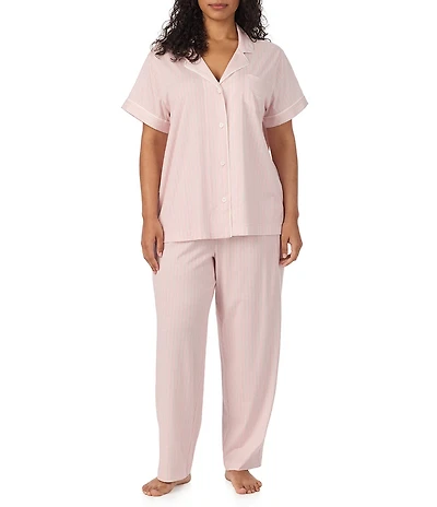 Lauren Ralph Lauren Plus Size Stripe Print Short Sleeve Notch Collar Jersey Knit Long Pajama Set