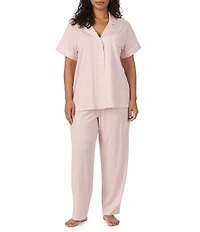 Lauren Ralph Lauren Plus Size Stripe Print Short Sleeve Notch Collar Jersey Knit Long Pajama Set