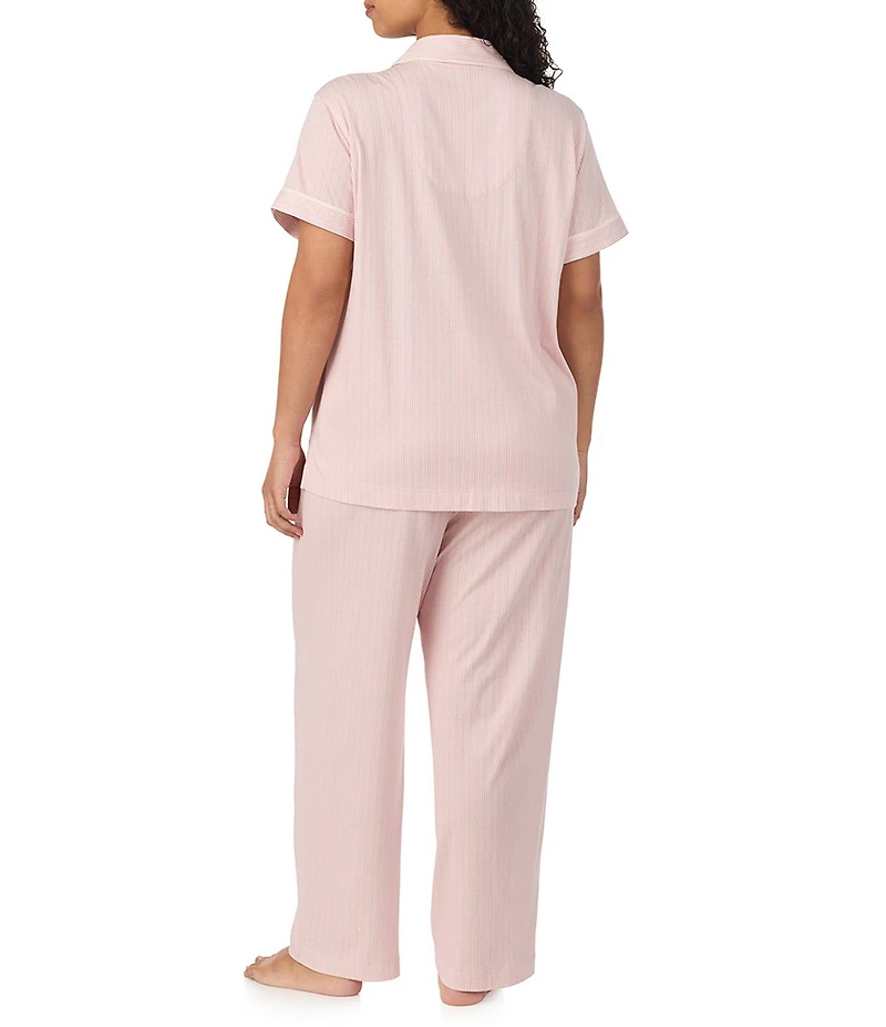 Lauren Ralph Lauren Plus Size Stripe Print Short Sleeve Notch Collar Jersey Knit Long Pajama Set