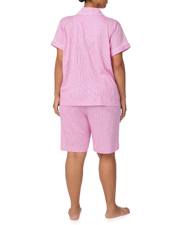 Lauren Ralph Lauren Plus Size Stripe Print Short Sleeve Notch Collar Knit Bermuda Pajama Set