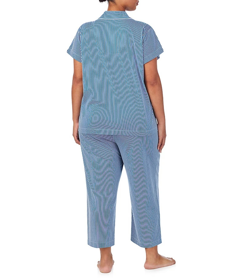Lauren Ralph Lauren Plus Size Stripe Print Short Sleeve Notch Collar Knit Cropped Pajama Set
