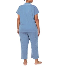 Lauren Ralph Lauren Plus Size Stripe Print Short Sleeve Notch Collar Knit Cropped Pajama Set