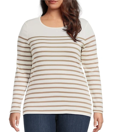 Lauren Ralph Lauren Plus Size Striped Crew Neck Cotton Long Sleeve Tee