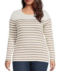 Lauren Ralph Lauren Plus Size Striped Crew Neck Cotton Long Sleeve Tee