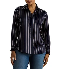 Lauren Ralph Lauren Plus Size Striped Glossy Satin Charmeuse Point Collar Long Sleeve Button Front Shirt