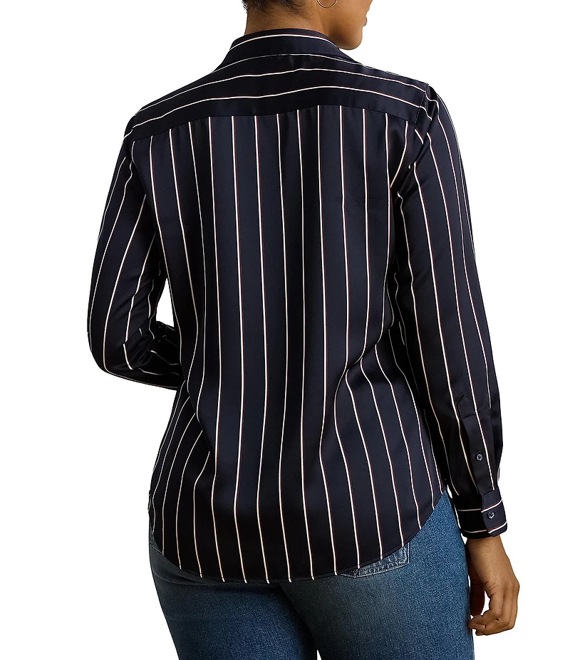 Lauren Ralph Lauren Plus Size Striped Glossy Satin Charmeuse Point Collar Long Sleeve Button Front Shirt