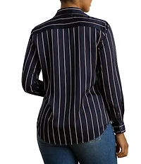 Lauren Ralph Lauren Plus Size Striped Glossy Satin Charmeuse Point Collar Long Sleeve Button Front Shirt