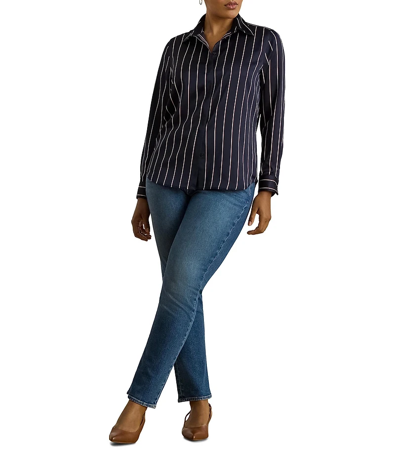Lauren Ralph Lauren Plus Size Striped Glossy Satin Charmeuse Point Collar Long Sleeve Button Front Shirt