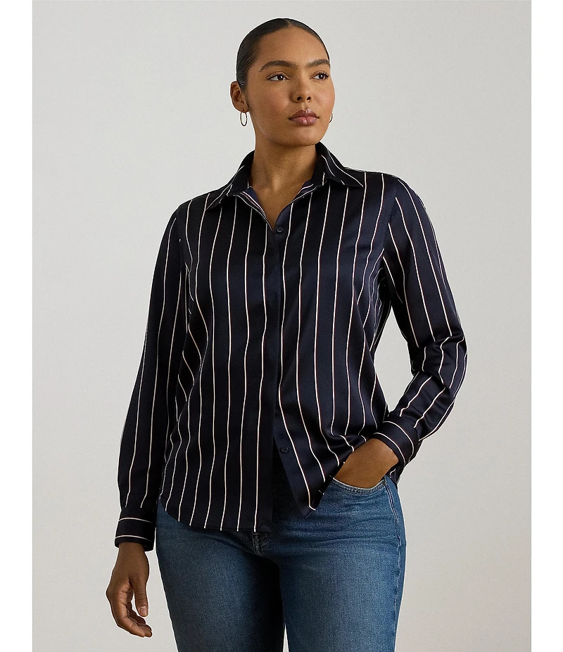 Lauren Ralph Lauren Plus Size Striped Glossy Satin Charmeuse Point Collar Long Sleeve Button Front Shirt